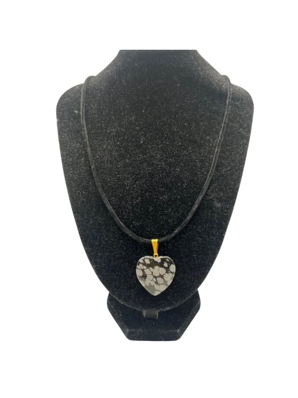 Snowflake Obsidian Heart Pendant Necklace Black Cord Gold-Tone 20+2" Healing - Picture 1 of 8